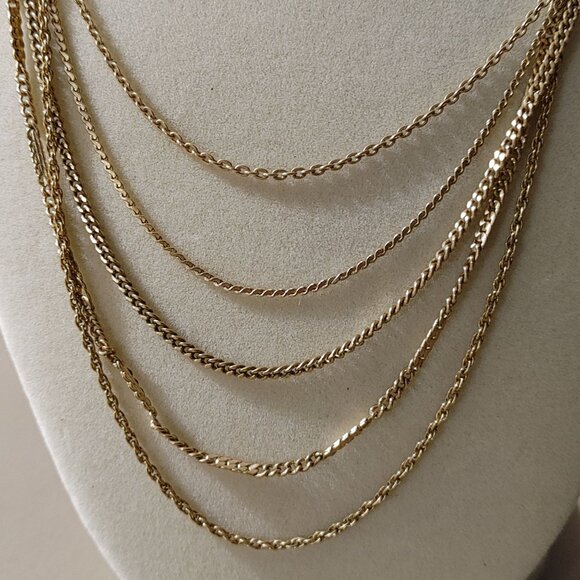 Emmons Necklace Gold Tone 5 Strand Chain Vintage Geometric Accent 16 Inches - Picture 2 of 11